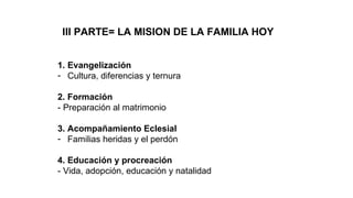 III PARTE= LA MISION DE LA FAMILIA HOY
1. Evangelización
- Cultura, diferencias y ternura
2. Formación
- Preparación al matrimonio
3. Acompañamiento Eclesial
- Familias heridas y el perdón
4. Educación y procreación
- Vida, adopción, educación y natalidad
 