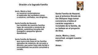 Oración a la Sagrada Familia
Jesús, María y José
en vosotros contemplamos
el esplendor del verdadero amor,
a vosotros, confiados, nos dirigimos.
Santa Familia de Nazaret,
haz también de nuestras familias
lugar de comunión y cenáculo de
oración, auténticas escuelas del
Evangelio y pequeñas Iglesias
domésticas.
Santa Familia de Nazaret,
que nunca más haya en las familias
episodios de violencia, de cerrazón y
división; que quien haya sido herido o
escandalizado sea pronto consolado y
curado.
Santa Familia de Nazaret,
que el próximo Sínodo de
los Obispos haga tomar
conciencia a todos el
carácter sagrado e
inviolable de la familia, de
su belleza en el proyecto
de Dios.
Jesús, María y José,
escuchad, acoged nuestra
súplica.
Amen.
 