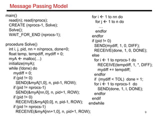 9
Message Passing Model
main()
read(n); read(nprocs);
CREATE (nprocs-1, Solve);
Solve();
WAIT_FOR_END (nprocs-1);
procedure Solve()
int i, j, pid, nn = n/nprocs, done=0;
float temp, tempdiff, mydiff = 0;
myA  malloc(…)
initialize(myA);
while (!done) do
mydiff = 0;
if (pid != 0)
SEND(&myA[1,0], n, pid-1, ROW);
if (pid != nprocs-1)
SEND(&myA[nn,0], n, pid+1, ROW);
if (pid != 0)
RECEIVE(&myA[0,0], n, pid-1, ROW);
if (pid != nprocs-1)
RECEIVE(&myA[nn+1,0], n, pid+1, ROW);
for i  1 to nn do
for j  1 to n do
…
endfor
endfor
if (pid != 0)
SEND(mydiff, 1, 0, DIFF);
RECEIVE(done, 1, 0, DONE);
else
for i  1 to nprocs-1 do
RECEIVE(tempdiff, 1, *, DIFF);
mydiff += tempdiff;
endfor
if (mydiff < TOL) done = 1;
for i  1 to nprocs-1 do
SEND(done, 1, I, DONE);
endfor
endif
endwhile
 