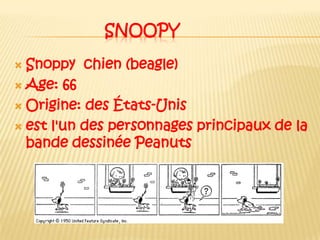 snoopySnoppychien (beagle)Age: 66 Origine: des États-Unisest l'un des personnages principaux de la bande dessinée Peanuts