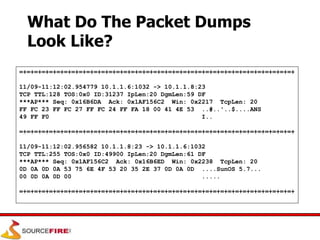 What Do The Packet Dumps
Look Like?
=+=+=+=+=+=+=+=+=+=+=+=+=+=+=+=+=+=+=+=+=+=+=+=+=+=+=+=+=+=+=+=+=+=+=+=+=+
11/09-11:12:02.954779 10.1.1.6:1032 -> 10.1.1.8:23
TCP TTL:128 TOS:0x0 ID:31237 IpLen:20 DgmLen:59 DF
***AP*** Seq: 0x16B6DA Ack: 0x1AF156C2 Win: 0x2217 TcpLen: 20
FF FC 23 FF FC 27 FF FC 24 FF FA 18 00 41 4E 53 ..#..'..$....ANS
49 FF F0 I..
=+=+=+=+=+=+=+=+=+=+=+=+=+=+=+=+=+=+=+=+=+=+=+=+=+=+=+=+=+=+=+=+=+=+=+=+=+
11/09-11:12:02.956582 10.1.1.8:23 -> 10.1.1.6:1032
TCP TTL:255 TOS:0x0 ID:49900 IpLen:20 DgmLen:61 DF
***AP*** Seq: 0x1AF156C2 Ack: 0x16B6ED Win: 0x2238 TcpLen: 20
0D 0A 0D 0A 53 75 6E 4F 53 20 35 2E 37 0D 0A 0D ....SunOS 5.7...
00 0D 0A 0D 00 .....
=+=+=+=+=+=+=+=+=+=+=+=+=+=+=+=+=+=+=+=+=+=+=+=+=+=+=+=+=+=+=+=+=+=+=+=+=+
 