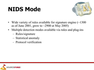 NIDS Mode
• Wide variety of rules available for signature engine (~1300
as of June 2001, grow to ~2900 at May 2005)
• Multiple detection modes available via rules and plug-ins
– Rules/signature
– Statistical anomaly
– Protocol verification
 