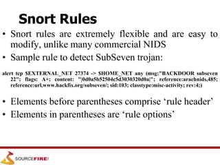 Snort Rules
• Snort rules are extremely flexible and are easy to
modify, unlike many commercial NIDS
• Sample rule to detect SubSeven trojan:
alert tcp $EXTERNAL_NET 27374 -> $HOME_NET any (msg:"BACKDOOR subseven
22"; flags: A+; content: "|0d0a5b52504c5d3030320d0a|"; reference:arachnids,485;
reference:url,www.hackfix.org/subseven/; sid:103; classtype:misc-activity; rev:4;)
• Elements before parentheses comprise ‘rule header’
• Elements in parentheses are ‘rule options’
 