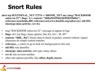 Snort Rules
alert tcp $EXTERNAL_NET 27374 -> $HOME_NET any (msg:"BACKDOOR
subseven 22"; flags: A+; content: "|0d0a5b52504c5d3030320d0a|";
reference:arachnids,485; reference:url,www.hackfix.org/subseven/; sid:103;
classtype:misc-activity; rev:4;)
• msg:”BACKDOOR subseven 22”; message to appear in logs
• flags: A+; tcp flags; many options, like SA, SA+, !R, SF*
• content: “|0d0…0a|”; binary data to check in packet; content without | (pipe)
characters do simple content matches
• reference…; where to go to look for background on this rule
• sid:103; rule identifier
• classtype: misc-activity; rule type; many others
• rev:4; rule revision number
• other rule options possible, like offset, depth, nocase
 