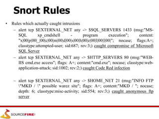 Snort Rules
• Rules which actually caught intrusions
– alert tcp $EXTERNAL_NET any -> $SQL_SERVERS 1433 (msg:"MS-
SQL xp_cmdshell - program execution"; content:
"x|00|p|00|_|00|c|00|m|00|d|00|s|00|h|00|e|00|l|00|l|00|"; nocase; flags:A+;
classtype:attempted-user; sid:687; rev:3;) caught compromise of Microsoft
SQL Server
– alert tcp $EXTERNAL_NET any -> $HTTP_SERVERS 80 (msg:"WEB-
IIS cmd.exe access"; flags: A+; content:"cmd.exe"; nocase; classtype:web-
application-attack; sid:1002; rev:2;) caught Code Red infection
– alert tcp $EXTERNAL_NET any -> $HOME_NET 21 (msg:"INFO FTP
"MKD / " possible warez site"; flags: A+; content:"MKD / "; nocase;
depth: 6; classtype:misc-activity; sid:554; rev:3;) caught anonymous ftp
server
 