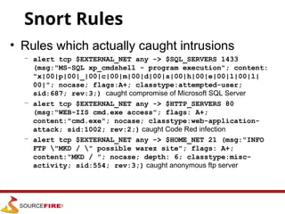 Snort Rules
• Rules which actually caught intrusions
– alert tcp $EXTERNAL_NET any -> $SQL_SERVERS 1433
(msg:"MS-SQL xp_cmdshell - program execution"; content:
"x|00|p|00|_|00|c|00|m|00|d|00|s|00|h|00|e|00|l|00|l|
00|"; nocase; flags:A+; classtype:attempted-user;
sid:687; rev:3;) caught compromise of Microsoft SQL Server
– alert tcp $EXTERNAL_NET any -> $HTTP_SERVERS 80
(msg:"WEB-IIS cmd.exe access"; flags: A+;
content:"cmd.exe"; nocase; classtype:web-application-
attack; sid:1002; rev:2;) caught Code Red infection
– alert tcp $EXTERNAL_NET any -> $HOME_NET 21 (msg:"INFO
FTP "MKD / " possible warez site"; flags: A+;
content:"MKD / "; nocase; depth: 6; classtype:misc-
activity; sid:554; rev:3;) caught anonymous ftp server
 