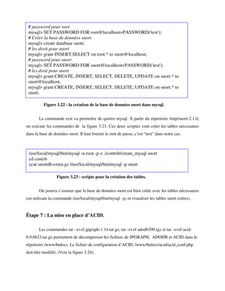 # password pour root
 mysql> SET PASSWORD FOR root@localhost=PASSWORD('test');
 # Créer la base de données snort
 mysql> create database snort;
 # les droit pour snort
 mysql> grant INSERT,SELECT on root.* to snort@localhost;
 # password pour snort
 mysql> SET PASSWORD FOR snort@localhost=PASSWORD('test');
 # les droit pour snort
 mysql> grant CREATE, INSERT, SELECT, DELETE, UPDATE on snort.* to
 snort@localhost;
 mysql> grant CREATE, INSERT, SELECT, DELETE, UPDATE on snort.* to
 snort;

          Figure 3.22 : la création de la base de données snort dans mysql.


       La commande exit va permettre de quitter mysql. À partir du répertoire /tmp/snort-2.1.0,
on exécute les commandes de la figure 3.23. Ces deux scriptes vont créer les tables nécessaires
dans la base de données snort. Il faut fournir le mot de passe, c’est “test” dans notre cas.



 /usr/local/mysql/bin/mysql -u root -p < ./contrib/create_mysql snort
 cd contrib
 zcat snortdb-extra.gz |/usr/local/mysql/bin/mysql -p snort

                  Figure 3.23 : scripte pour la création des tables.


       On pourra s’assurer que la base de données snort est bien créée avec les tables nécessaires
(en utilisant la commande /usr/local/mysql/bin/mysql –p, et visualiser les tables snort créées).


Étape 7 : La mise en place d’ACID.

       Les commandes tar –xvzf jpgraph-1.14.tar.gz, tar -xvzf adodb390.tgz et tar -xvzf acid-
0.9.6b23.tar.gz permettent de décompresser les fichiers de JPGRAPH, ADODB et ACID dans le
répertoire /www/htdocs. Le fichier de configuration d’ACID, /www/htdocs/acid/acid_conf.php
doit être modifié, (Voir la figure 3.24).
 