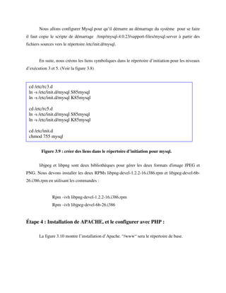 Nous allons configurer Mysql pour qu’il démarre au démarrage du système pour se faire
il faut copie le scripte de démarrage /tmp/mysql-4.0.23/support-files/mysql.server à partir des
fichiers sources vers le répertoire /etc/init.d/mysql.


       En suite, nous créons les liens symboliques dans le répertoire d’initiation pour les niveaux
d’exécution 3 et 5. (Voir la figure 3.8)



 cd /etc/rc3.d
 ln -s /etc/init.d/mysql S85mysql
 ln -s /etc/init.d/mysql K85mysql

 cd /etc/rc5.d
 ln -s /etc/init.d/mysql S85mysql
 ln -s /etc/init.d/mysql K85mysql

 cd /etc/init.d
 chmod 755 mysql


         Figure 3.9 : créer des liens dans le répertoire d’initiation pour mysql.


       libjpeg et libpng sont deux bibliothèques pour gérer les deux formats d'image JPEG et
PNG. Nous devons installer les deux RPMs libpng-devel-1.2.2-16.i386.rpm et libjpeg-devel-6b-
26.i386.rpm en utilisant les commandes :


               Rpm –ivh libpng-devel-1.2.2-16.i386.rpm
               Rpm –ivh libjpeg-devel-6b-26.i386


Étape 4 : Installation de APACHE, et le configurer avec PHP :

       La figure 3.10 montre l’installation d’Apache. “/www“ sera le répertoire de base.
 