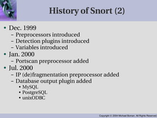 History of Snort (2) Dec. 1999 Preprocessors introduced Detection plugins introduced Variables introduced Jan. 2000 Portscan preprocessor added Jul. 2000 IP (de)fragmentation preprocessor added Database output plugin added MySQL PostgreSQL unixODBC 