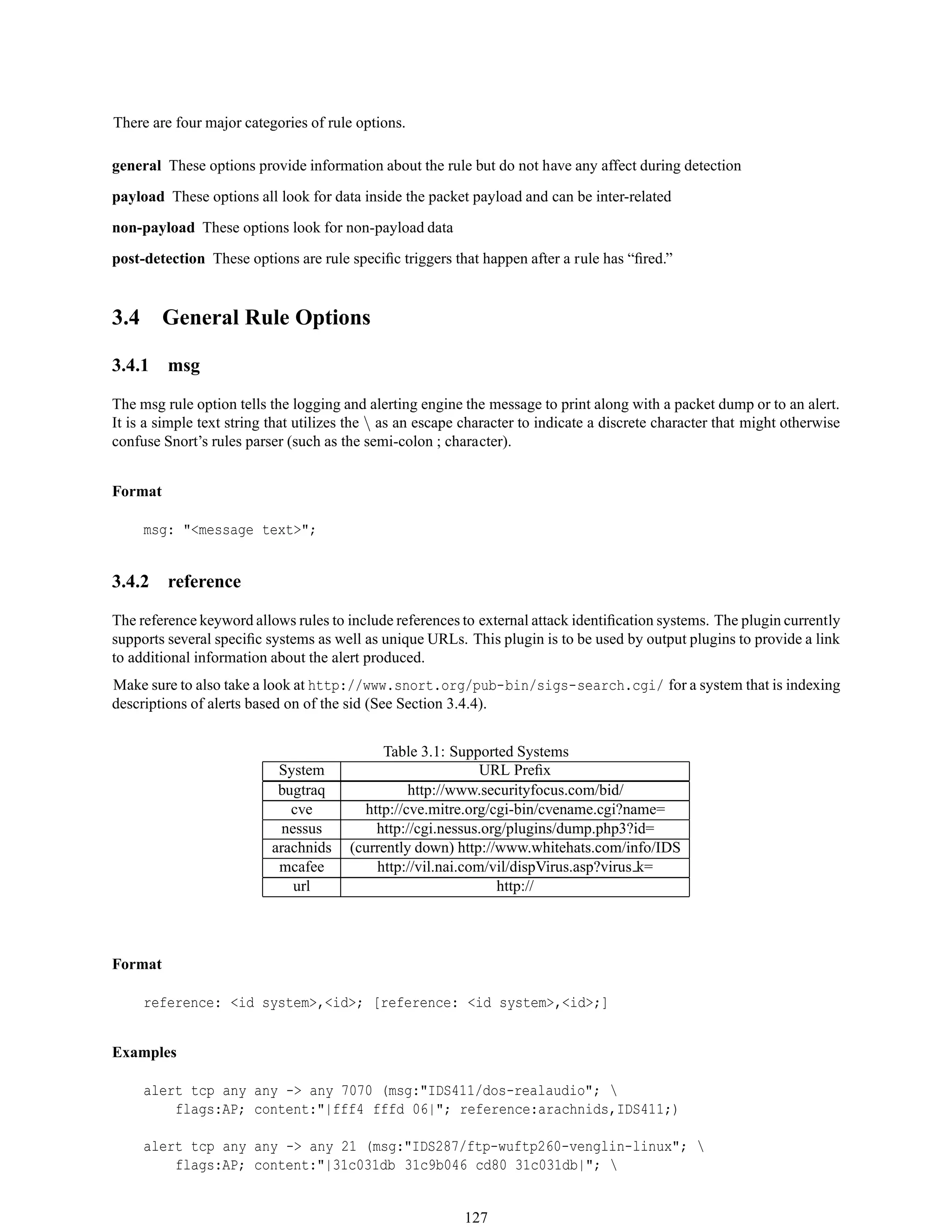 There are four major categories of rule options.
general These options provide information about the rule but do not have any affect during detection
payload These options all look for data inside the packet payload and can be inter-related
non-payload These options look for non-payload data
post-detection These options are rule speciﬁc triggers that happen after a rule has “ﬁred.”
3.4 General Rule Options
3.4.1 msg
The msg rule option tells the logging and alerting engine the message to print along with a packet dump or to an alert.
It is a simple text string that utilizes the  as an escape character to indicate a discrete character that might otherwise
confuse Snort’s rules parser (such as the semi-colon ; character).
Format
msg: "<message text>";
3.4.2 reference
The reference keyword allows rules to include references to external attack identiﬁcation systems. The plugin currently
supports several speciﬁc systems as well as unique URLs. This plugin is to be used by output plugins to provide a link
to additional information about the alert produced.
Make sure to also take a look at http://www.snort.org/pub-bin/sigs-search.cgi/ for a system that is indexing
descriptions of alerts based on of the sid (See Section 3.4.4).
Table 3.1: Supported Systems
System URL Preﬁx
bugtraq http://www.securityfocus.com/bid/
cve http://cve.mitre.org/cgi-bin/cvename.cgi?name=
nessus http://cgi.nessus.org/plugins/dump.php3?id=
arachnids (currently down) http://www.whitehats.com/info/IDS
mcafee http://vil.nai.com/vil/dispVirus.asp?virus k=
url http://
Format
reference: <id system>,<id>; [reference: <id system>,<id>;]
Examples
alert tcp any any -> any 7070 (msg:"IDS411/dos-realaudio"; 
flags:AP; content:"|fff4 fffd 06|"; reference:arachnids,IDS411;)
alert tcp any any -> any 21 (msg:"IDS287/ftp-wuftp260-venglin-linux"; 
flags:AP; content:"|31c031db 31c9b046 cd80 31c031db|"; 
127
 