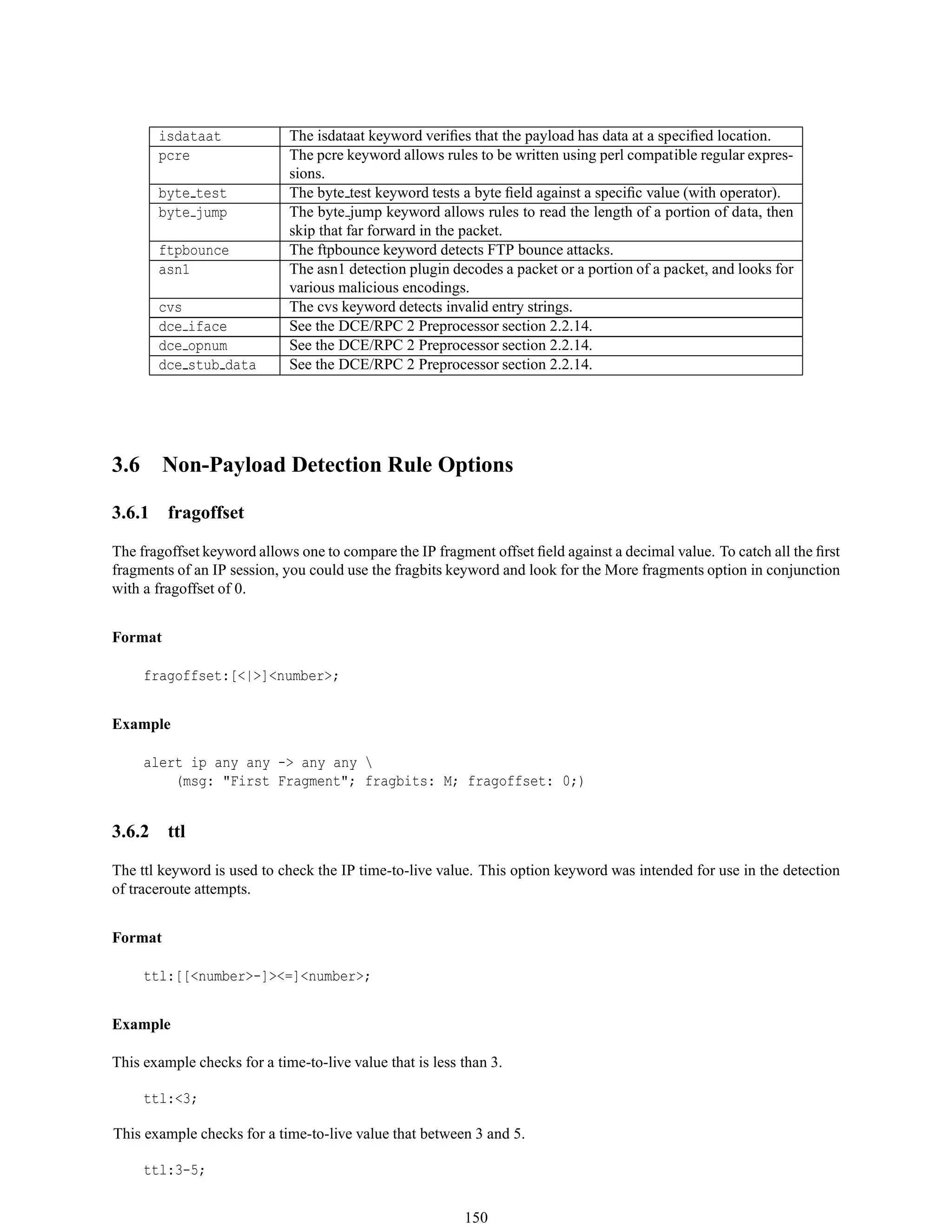 isdataat The isdataat keyword veriﬁes that the payload has data at a speciﬁed location.
pcre The pcre keyword allows rules to be written using perl compatible regular expres-
sions.
byte test The byte test keyword tests a byte ﬁeld against a speciﬁc value (with operator).
byte jump The byte jump keyword allows rules to read the length of a portion of data, then
skip that far forward in the packet.
ftpbounce The ftpbounce keyword detects FTP bounce attacks.
asn1 The asn1 detection plugin decodes a packet or a portion of a packet, and looks for
various malicious encodings.
cvs The cvs keyword detects invalid entry strings.
dce iface See the DCE/RPC 2 Preprocessor section 2.2.14.
dce opnum See the DCE/RPC 2 Preprocessor section 2.2.14.
dce stub data See the DCE/RPC 2 Preprocessor section 2.2.14.
3.6 Non-Payload Detection Rule Options
3.6.1 fragoffset
The fragoffset keyword allows one to compare the IP fragment offset ﬁeld against a decimal value. To catch all the ﬁrst
fragments of an IP session, you could use the fragbits keyword and look for the More fragments option in conjunction
with a fragoffset of 0.
Format
fragoffset:[<|>]<number>;
Example
alert ip any any -> any any 
(msg: "First Fragment"; fragbits: M; fragoffset: 0;)
3.6.2 ttl
The ttl keyword is used to check the IP time-to-live value. This option keyword was intended for use in the detection
of traceroute attempts.
Format
ttl:[[<number>-]><=]<number>;
Example
This example checks for a time-to-live value that is less than 3.
ttl:<3;
This example checks for a time-to-live value that between 3 and 5.
ttl:3-5;
150
 