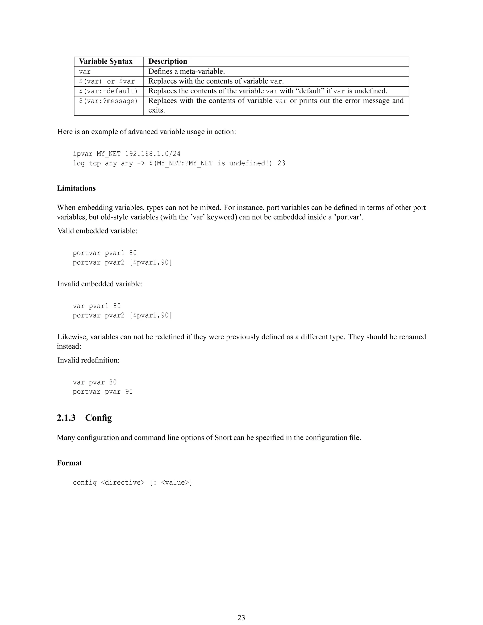 Variable Syntax Description
var Deﬁnes a meta-variable.
$(var) or $var Replaces with the contents of variable var.
$(var:-default) Replaces the contents of the variable var with “default” if var is undeﬁned.
$(var:?message) Replaces with the contents of variable var or prints out the error message and
exits.
Here is an example of advanced variable usage in action:
ipvar MY_NET 192.168.1.0/24
log tcp any any -> $(MY_NET:?MY_NET is undefined!) 23
Limitations
When embedding variables, types can not be mixed. For instance, port variables can be deﬁned in terms of other port
variables, but old-style variables (with the ’var’ keyword) can not be embedded inside a ’portvar’.
Valid embedded variable:
portvar pvar1 80
portvar pvar2 [$pvar1,90]
Invalid embedded variable:
var pvar1 80
portvar pvar2 [$pvar1,90]
Likewise, variables can not be redeﬁned if they were previously deﬁned as a different type. They should be renamed
instead:
Invalid redeﬁnition:
var pvar 80
portvar pvar 90
2.1.3 Conﬁg
Many conﬁguration and command line options of Snort can be speciﬁed in the conﬁguration ﬁle.
Format
config <directive> [: <value>]
23
 
