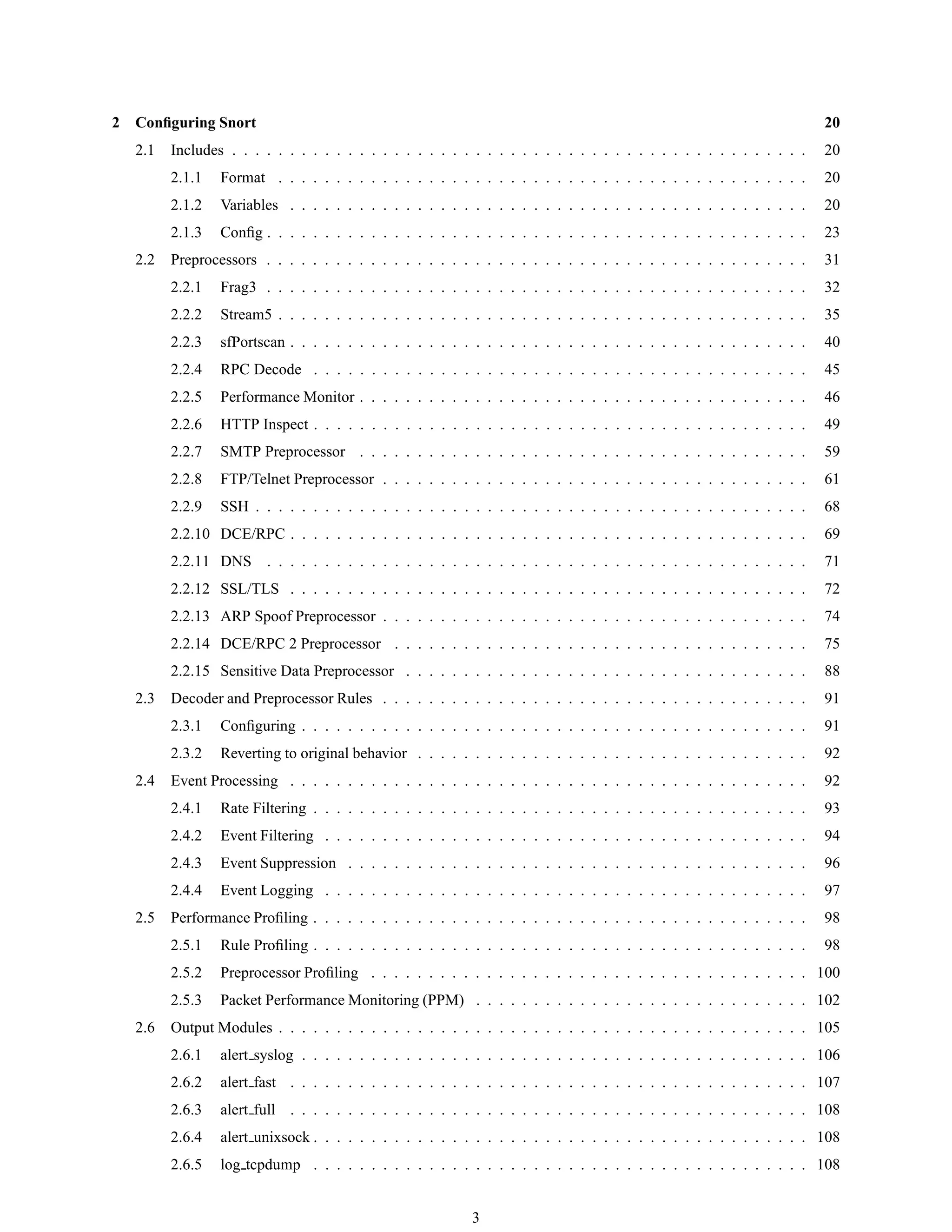 2 Conﬁguring Snort 20
2.1 Includes . . . . . . . . . . . . . . . . . . . . . . . . . . . . . . . . . . . . . . . . . . . . . . . . . . 20
2.1.1 Format . . . . . . . . . . . . . . . . . . . . . . . . . . . . . . . . . . . . . . . . . . . . . . 20
2.1.2 Variables . . . . . . . . . . . . . . . . . . . . . . . . . . . . . . . . . . . . . . . . . . . . . 20
2.1.3 Conﬁg . . . . . . . . . . . . . . . . . . . . . . . . . . . . . . . . . . . . . . . . . . . . . . . 23
2.2 Preprocessors . . . . . . . . . . . . . . . . . . . . . . . . . . . . . . . . . . . . . . . . . . . . . . . 31
2.2.1 Frag3 . . . . . . . . . . . . . . . . . . . . . . . . . . . . . . . . . . . . . . . . . . . . . . . 32
2.2.2 Stream5 . . . . . . . . . . . . . . . . . . . . . . . . . . . . . . . . . . . . . . . . . . . . . . 35
2.2.3 sfPortscan . . . . . . . . . . . . . . . . . . . . . . . . . . . . . . . . . . . . . . . . . . . . . 40
2.2.4 RPC Decode . . . . . . . . . . . . . . . . . . . . . . . . . . . . . . . . . . . . . . . . . . . 45
2.2.5 Performance Monitor . . . . . . . . . . . . . . . . . . . . . . . . . . . . . . . . . . . . . . . 46
2.2.6 HTTP Inspect . . . . . . . . . . . . . . . . . . . . . . . . . . . . . . . . . . . . . . . . . . . 49
2.2.7 SMTP Preprocessor . . . . . . . . . . . . . . . . . . . . . . . . . . . . . . . . . . . . . . . 59
2.2.8 FTP/Telnet Preprocessor . . . . . . . . . . . . . . . . . . . . . . . . . . . . . . . . . . . . . 61
2.2.9 SSH . . . . . . . . . . . . . . . . . . . . . . . . . . . . . . . . . . . . . . . . . . . . . . . . 68
2.2.10 DCE/RPC . . . . . . . . . . . . . . . . . . . . . . . . . . . . . . . . . . . . . . . . . . . . . 69
2.2.11 DNS . . . . . . . . . . . . . . . . . . . . . . . . . . . . . . . . . . . . . . . . . . . . . . . 71
2.2.12 SSL/TLS . . . . . . . . . . . . . . . . . . . . . . . . . . . . . . . . . . . . . . . . . . . . . 72
2.2.13 ARP Spoof Preprocessor . . . . . . . . . . . . . . . . . . . . . . . . . . . . . . . . . . . . . 74
2.2.14 DCE/RPC 2 Preprocessor . . . . . . . . . . . . . . . . . . . . . . . . . . . . . . . . . . . . 75
2.2.15 Sensitive Data Preprocessor . . . . . . . . . . . . . . . . . . . . . . . . . . . . . . . . . . . 88
2.3 Decoder and Preprocessor Rules . . . . . . . . . . . . . . . . . . . . . . . . . . . . . . . . . . . . . 91
2.3.1 Conﬁguring . . . . . . . . . . . . . . . . . . . . . . . . . . . . . . . . . . . . . . . . . . . . 91
2.3.2 Reverting to original behavior . . . . . . . . . . . . . . . . . . . . . . . . . . . . . . . . . . 92
2.4 Event Processing . . . . . . . . . . . . . . . . . . . . . . . . . . . . . . . . . . . . . . . . . . . . . 92
2.4.1 Rate Filtering . . . . . . . . . . . . . . . . . . . . . . . . . . . . . . . . . . . . . . . . . . . 93
2.4.2 Event Filtering . . . . . . . . . . . . . . . . . . . . . . . . . . . . . . . . . . . . . . . . . . 94
2.4.3 Event Suppression . . . . . . . . . . . . . . . . . . . . . . . . . . . . . . . . . . . . . . . . 96
2.4.4 Event Logging . . . . . . . . . . . . . . . . . . . . . . . . . . . . . . . . . . . . . . . . . . 97
2.5 Performance Proﬁling . . . . . . . . . . . . . . . . . . . . . . . . . . . . . . . . . . . . . . . . . . . 98
2.5.1 Rule Proﬁling . . . . . . . . . . . . . . . . . . . . . . . . . . . . . . . . . . . . . . . . . . . 98
2.5.2 Preprocessor Proﬁling . . . . . . . . . . . . . . . . . . . . . . . . . . . . . . . . . . . . . . 100
2.5.3 Packet Performance Monitoring (PPM) . . . . . . . . . . . . . . . . . . . . . . . . . . . . . 102
2.6 Output Modules . . . . . . . . . . . . . . . . . . . . . . . . . . . . . . . . . . . . . . . . . . . . . . 105
2.6.1 alert syslog . . . . . . . . . . . . . . . . . . . . . . . . . . . . . . . . . . . . . . . . . . . . 106
2.6.2 alert fast . . . . . . . . . . . . . . . . . . . . . . . . . . . . . . . . . . . . . . . . . . . . . 107
2.6.3 alert full . . . . . . . . . . . . . . . . . . . . . . . . . . . . . . . . . . . . . . . . . . . . . 108
2.6.4 alert unixsock . . . . . . . . . . . . . . . . . . . . . . . . . . . . . . . . . . . . . . . . . . . 108
2.6.5 log tcpdump . . . . . . . . . . . . . . . . . . . . . . . . . . . . . . . . . . . . . . . . . . . 108
3
 