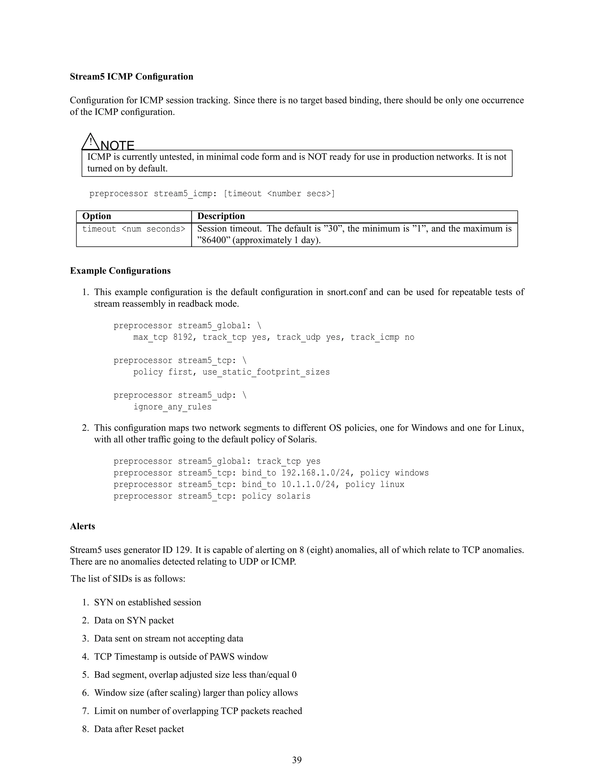 Stream5 ICMP Conﬁguration
Conﬁguration for ICMP session tracking. Since there is no target based binding, there should be only one occurrence
of the ICMP conﬁguration.
△! NOTE
ICMP is currently untested, in minimal code form and is NOT ready for use in production networks. It is not
turned on by default.
preprocessor stream5_icmp: [timeout <number secs>]
Option Description
timeout <num seconds> Session timeout. The default is ”30”, the minimum is ”1”, and the maximum is
”86400” (approximately 1 day).
Example Conﬁgurations
1. This example conﬁguration is the default conﬁguration in snort.conf and can be used for repeatable tests of
stream reassembly in readback mode.
preprocessor stream5_global: 
max_tcp 8192, track_tcp yes, track_udp yes, track_icmp no
preprocessor stream5_tcp: 
policy first, use_static_footprint_sizes
preprocessor stream5_udp: 
ignore_any_rules
2. This conﬁguration maps two network segments to different OS policies, one for Windows and one for Linux,
with all other trafﬁc going to the default policy of Solaris.
preprocessor stream5_global: track_tcp yes
preprocessor stream5_tcp: bind_to 192.168.1.0/24, policy windows
preprocessor stream5_tcp: bind_to 10.1.1.0/24, policy linux
preprocessor stream5_tcp: policy solaris
Alerts
Stream5 uses generator ID 129. It is capable of alerting on 8 (eight) anomalies, all of which relate to TCP anomalies.
There are no anomalies detected relating to UDP or ICMP.
The list of SIDs is as follows:
1. SYN on established session
2. Data on SYN packet
3. Data sent on stream not accepting data
4. TCP Timestamp is outside of PAWS window
5. Bad segment, overlap adjusted size less than/equal 0
6. Window size (after scaling) larger than policy allows
7. Limit on number of overlapping TCP packets reached
8. Data after Reset packet
39
 