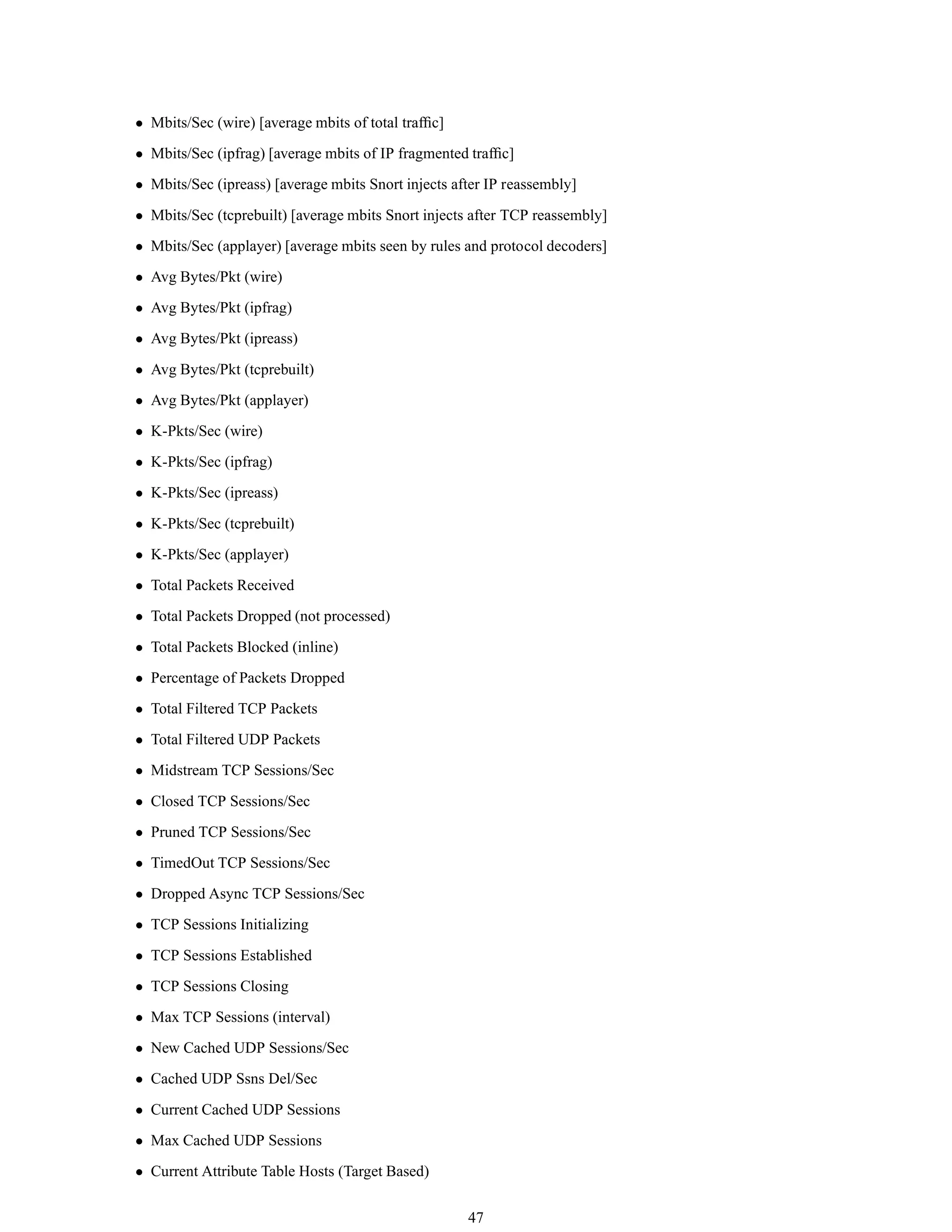 • Mbits/Sec (wire) [average mbits of total trafﬁc]
• Mbits/Sec (ipfrag) [average mbits of IP fragmented trafﬁc]
• Mbits/Sec (ipreass) [average mbits Snort injects after IP reassembly]
• Mbits/Sec (tcprebuilt) [average mbits Snort injects after TCP reassembly]
• Mbits/Sec (applayer) [average mbits seen by rules and protocol decoders]
• Avg Bytes/Pkt (wire)
• Avg Bytes/Pkt (ipfrag)
• Avg Bytes/Pkt (ipreass)
• Avg Bytes/Pkt (tcprebuilt)
• Avg Bytes/Pkt (applayer)
• K-Pkts/Sec (wire)
• K-Pkts/Sec (ipfrag)
• K-Pkts/Sec (ipreass)
• K-Pkts/Sec (tcprebuilt)
• K-Pkts/Sec (applayer)
• Total Packets Received
• Total Packets Dropped (not processed)
• Total Packets Blocked (inline)
• Percentage of Packets Dropped
• Total Filtered TCP Packets
• Total Filtered UDP Packets
• Midstream TCP Sessions/Sec
• Closed TCP Sessions/Sec
• Pruned TCP Sessions/Sec
• TimedOut TCP Sessions/Sec
• Dropped Async TCP Sessions/Sec
• TCP Sessions Initializing
• TCP Sessions Established
• TCP Sessions Closing
• Max TCP Sessions (interval)
• New Cached UDP Sessions/Sec
• Cached UDP Ssns Del/Sec
• Current Cached UDP Sessions
• Max Cached UDP Sessions
• Current Attribute Table Hosts (Target Based)
47
 