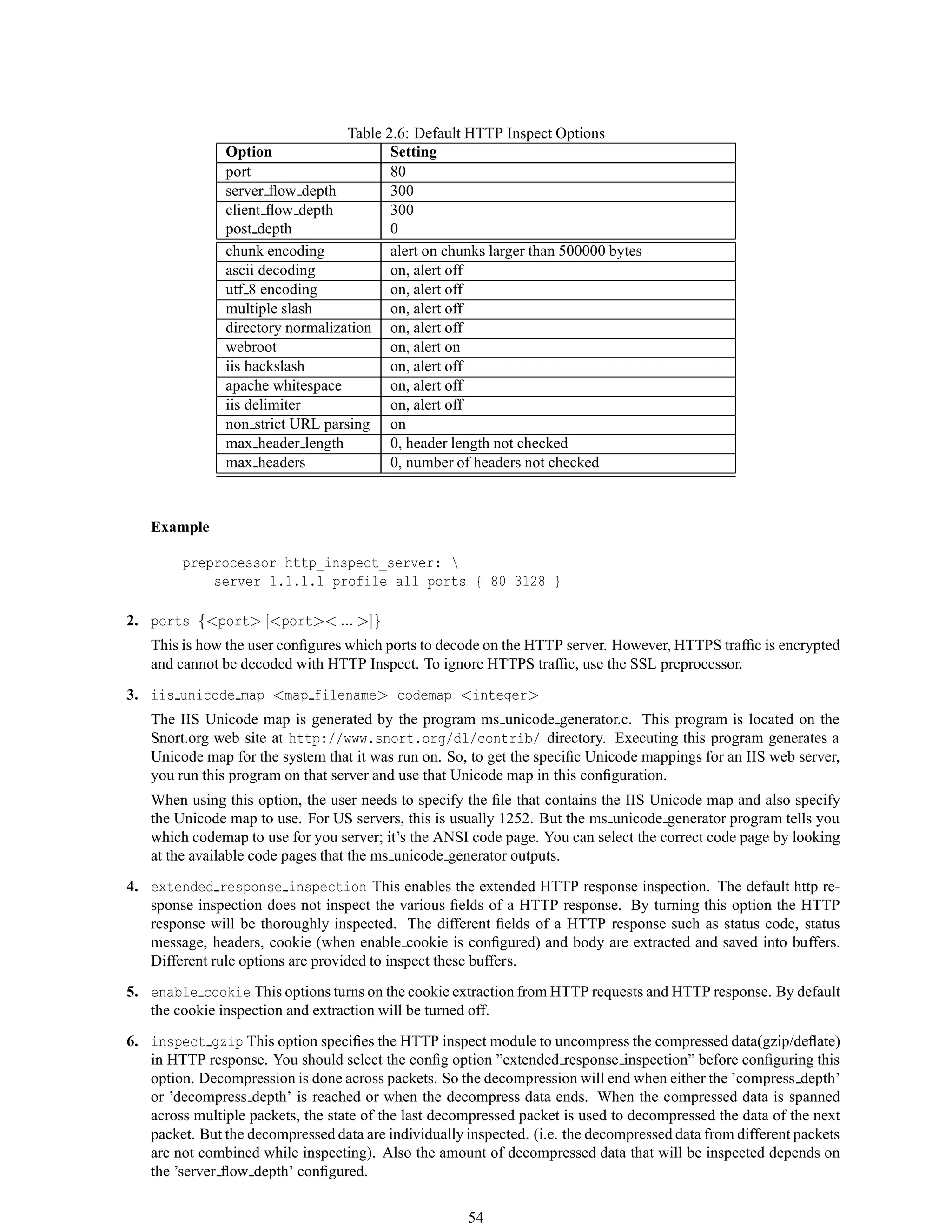 Table 2.6: Default HTTP Inspect Options
Option Setting
port 80
server ﬂow depth 300
client ﬂow depth 300
post depth 0
chunk encoding alert on chunks larger than 500000 bytes
ascii decoding on, alert off
utf 8 encoding on, alert off
multiple slash on, alert off
directory normalization on, alert off
webroot on, alert on
iis backslash on, alert off
apache whitespace on, alert off
iis delimiter on, alert off
non strict URL parsing on
max header length 0, header length not checked
max headers 0, number of headers not checked
Example
preprocessor http_inspect_server: 
server 1.1.1.1 profile all ports { 80 3128 }
2. ports {<port> [<port>< ... >]}
This is how the user conﬁgures which ports to decode on the HTTP server. However, HTTPS trafﬁc is encrypted
and cannot be decoded with HTTP Inspect. To ignore HTTPS trafﬁc, use the SSL preprocessor.
3. iis unicode map <map filename> codemap <integer>
The IIS Unicode map is generated by the program ms unicode generator.c. This program is located on the
Snort.org web site at http://www.snort.org/dl/contrib/ directory. Executing this program generates a
Unicode map for the system that it was run on. So, to get the speciﬁc Unicode mappings for an IIS web server,
you run this program on that server and use that Unicode map in this conﬁguration.
When using this option, the user needs to specify the ﬁle that contains the IIS Unicode map and also specify
the Unicode map to use. For US servers, this is usually 1252. But the ms unicode generator program tells you
which codemap to use for you server; it’s the ANSI code page. You can select the correct code page by looking
at the available code pages that the ms unicode generator outputs.
4. extended response inspection This enables the extended HTTP response inspection. The default http re-
sponse inspection does not inspect the various ﬁelds of a HTTP response. By turning this option the HTTP
response will be thoroughly inspected. The different ﬁelds of a HTTP response such as status code, status
message, headers, cookie (when enable cookie is conﬁgured) and body are extracted and saved into buffers.
Different rule options are provided to inspect these buffers.
5. enable cookie This options turns on the cookie extraction from HTTP requests and HTTP response. By default
the cookie inspection and extraction will be turned off.
6. inspect gzip This option speciﬁes the HTTP inspect module to uncompress the compressed data(gzip/deﬂate)
in HTTP response. You should select the conﬁg option ”extended response inspection” before conﬁguring this
option. Decompression is done across packets. So the decompression will end when either the ’compress depth’
or ’decompress depth’ is reached or when the decompress data ends. When the compressed data is spanned
across multiple packets, the state of the last decompressed packet is used to decompressed the data of the next
packet. But the decompressed data are individually inspected. (i.e. the decompressed data from different packets
are not combined while inspecting). Also the amount of decompressed data that will be inspected depends on
the ’server ﬂow depth’ conﬁgured.
54
 