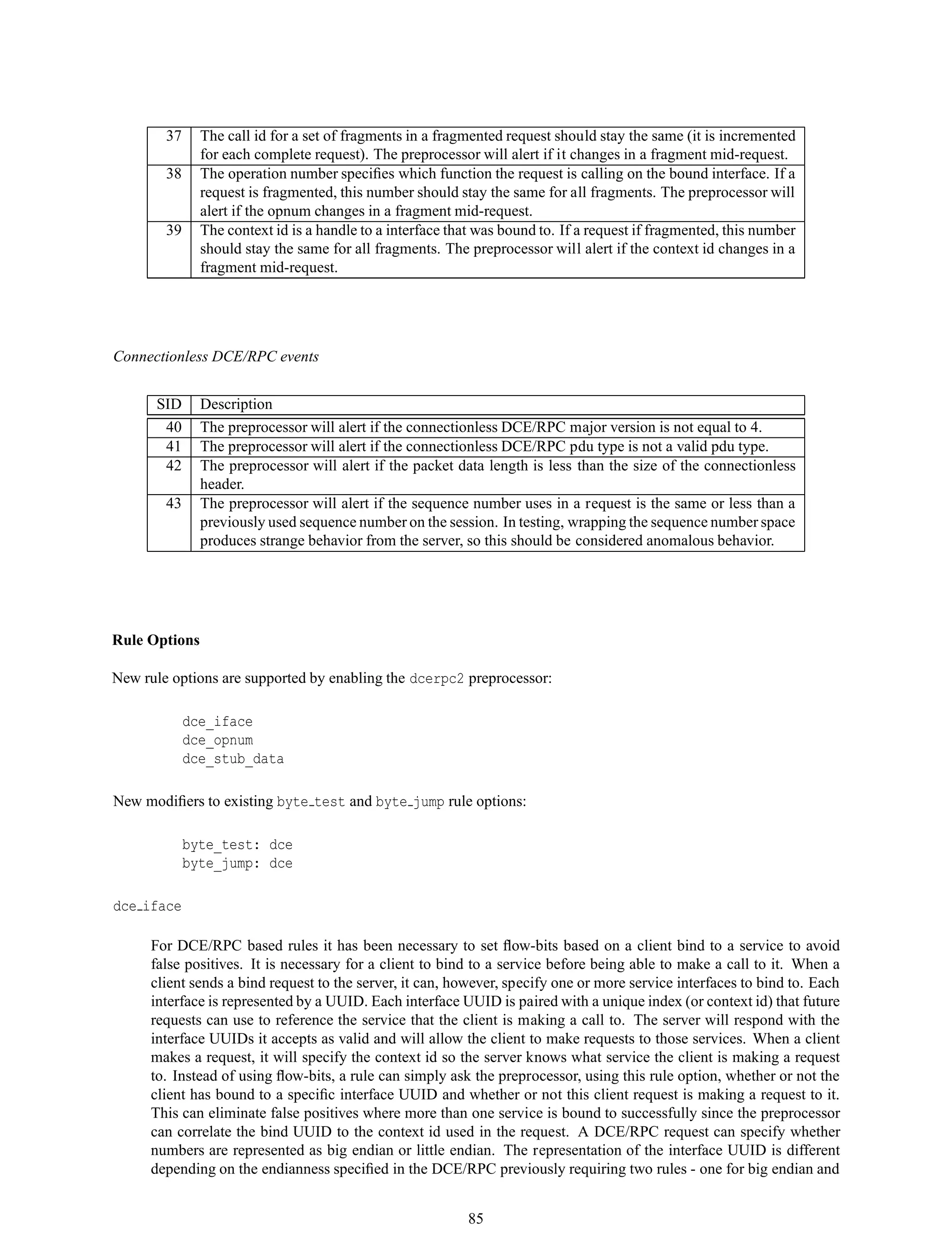 37 The call id for a set of fragments in a fragmented request should stay the same (it is incremented
for each complete request). The preprocessor will alert if it changes in a fragment mid-request.
38 The operation number speciﬁes which function the request is calling on the bound interface. If a
request is fragmented, this number should stay the same for all fragments. The preprocessor will
alert if the opnum changes in a fragment mid-request.
39 The context id is a handle to a interface that was bound to. If a request if fragmented, this number
should stay the same for all fragments. The preprocessor will alert if the context id changes in a
fragment mid-request.
Connectionless DCE/RPC events
SID Description
40 The preprocessor will alert if the connectionless DCE/RPC major version is not equal to 4.
41 The preprocessor will alert if the connectionless DCE/RPC pdu type is not a valid pdu type.
42 The preprocessor will alert if the packet data length is less than the size of the connectionless
header.
43 The preprocessor will alert if the sequence number uses in a request is the same or less than a
previously used sequence number on the session. In testing, wrapping the sequence number space
produces strange behavior from the server, so this should be considered anomalous behavior.
Rule Options
New rule options are supported by enabling the dcerpc2 preprocessor:
dce_iface
dce_opnum
dce_stub_data
New modiﬁers to existing byte test and byte jump rule options:
byte_test: dce
byte_jump: dce
dce iface
For DCE/RPC based rules it has been necessary to set ﬂow-bits based on a client bind to a service to avoid
false positives. It is necessary for a client to bind to a service before being able to make a call to it. When a
client sends a bind request to the server, it can, however, specify one or more service interfaces to bind to. Each
interface is represented by a UUID. Each interface UUID is paired with a unique index (or context id) that future
requests can use to reference the service that the client is making a call to. The server will respond with the
interface UUIDs it accepts as valid and will allow the client to make requests to those services. When a client
makes a request, it will specify the context id so the server knows what service the client is making a request
to. Instead of using ﬂow-bits, a rule can simply ask the preprocessor, using this rule option, whether or not the
client has bound to a speciﬁc interface UUID and whether or not this client request is making a request to it.
This can eliminate false positives where more than one service is bound to successfully since the preprocessor
can correlate the bind UUID to the context id used in the request. A DCE/RPC request can specify whether
numbers are represented as big endian or little endian. The representation of the interface UUID is different
depending on the endianness speciﬁed in the DCE/RPC previously requiring two rules - one for big endian and
85
 