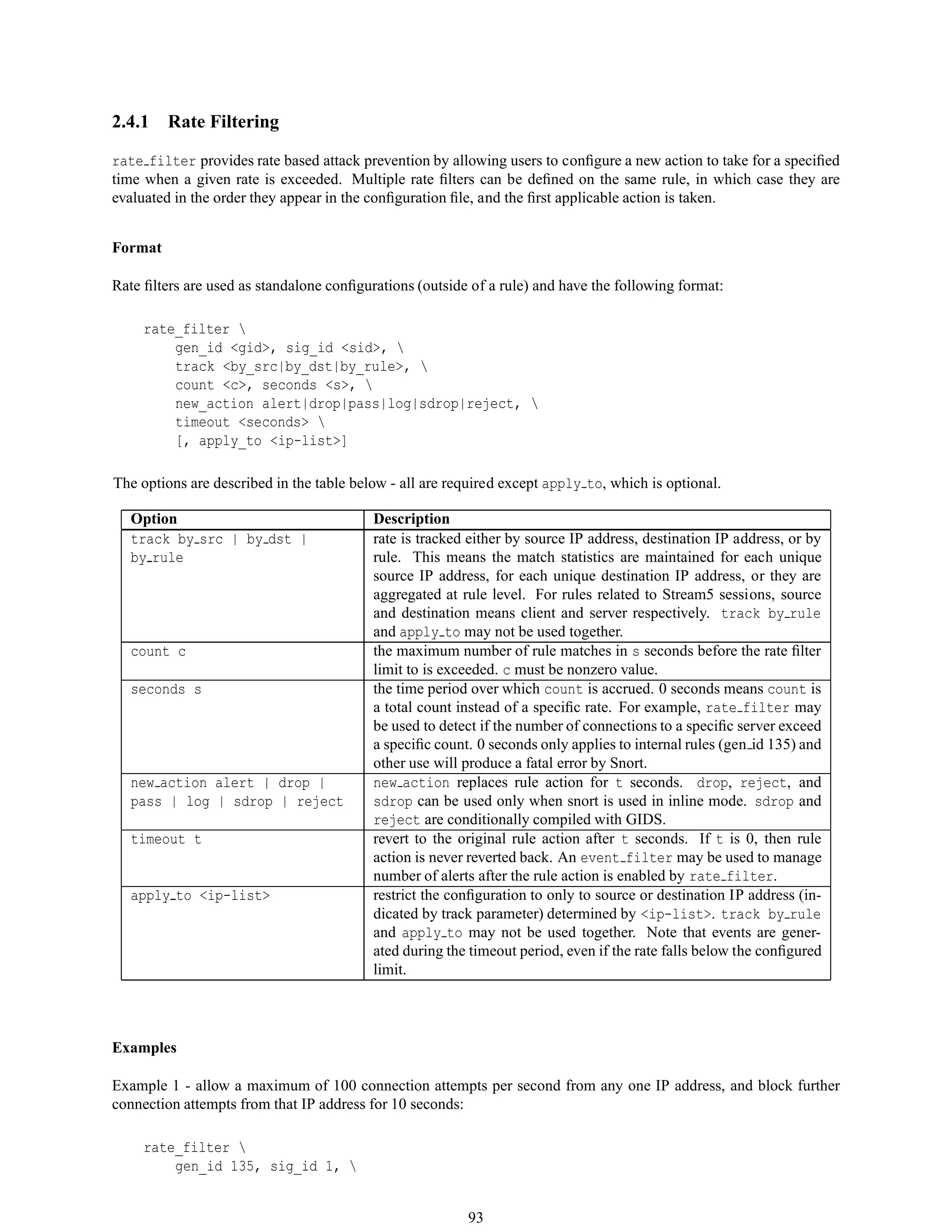 2.4.1 Rate Filtering
rate filter provides rate based attack prevention by allowing users to conﬁgure a new action to take for a speciﬁed
time when a given rate is exceeded. Multiple rate ﬁlters can be deﬁned on the same rule, in which case they are
evaluated in the order they appear in the conﬁguration ﬁle, and the ﬁrst applicable action is taken.
Format
Rate ﬁlters are used as standalone conﬁgurations (outside of a rule) and have the following format:
rate_filter 
gen_id <gid>, sig_id <sid>, 
track <by_src|by_dst|by_rule>, 
count <c>, seconds <s>, 
new_action alert|drop|pass|log|sdrop|reject, 
timeout <seconds> 
[, apply_to <ip-list>]
The options are described in the table below - all are required except apply to, which is optional.
Option Description
track by src | by dst |
by rule
rate is tracked either by source IP address, destination IP address, or by
rule. This means the match statistics are maintained for each unique
source IP address, for each unique destination IP address, or they are
aggregated at rule level. For rules related to Stream5 sessions, source
and destination means client and server respectively. track by rule
and apply to may not be used together.
count c the maximum number of rule matches in s seconds before the rate ﬁlter
limit to is exceeded. c must be nonzero value.
seconds s the time period over which count is accrued. 0 seconds means count is
a total count instead of a speciﬁc rate. For example, rate filter may
be used to detect if the number of connections to a speciﬁc server exceed
a speciﬁc count. 0 seconds only applies to internal rules (gen id 135) and
other use will produce a fatal error by Snort.
new action alert | drop |
pass | log | sdrop | reject
new action replaces rule action for t seconds. drop, reject, and
sdrop can be used only when snort is used in inline mode. sdrop and
reject are conditionally compiled with GIDS.
timeout t revert to the original rule action after t seconds. If t is 0, then rule
action is never reverted back. An event filter may be used to manage
number of alerts after the rule action is enabled by rate filter.
apply to <ip-list> restrict the conﬁguration to only to source or destination IP address (in-
dicated by track parameter) determined by <ip-list>. track by rule
and apply to may not be used together. Note that events are gener-
ated during the timeout period, even if the rate falls below the conﬁgured
limit.
Examples
Example 1 - allow a maximum of 100 connection attempts per second from any one IP address, and block further
connection attempts from that IP address for 10 seconds:
rate_filter 
gen_id 135, sig_id 1, 
93
 