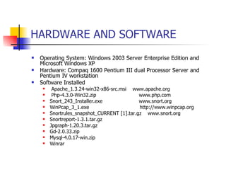 HARDWARE AND SOFTWARE Operating System: Windows 2003 Server Enterprise Edition and Microsoft Windows XP Hardware: Compaq 1600 Pentium III dual Processor Server and Pentium IV workstation Software Installed  Apache_1.3.24-win32-x86-src.msi  www.apache.org Php-4.3.0-Win32.zip  www.php.com Snort_243_Installer.exe  www.snort.org WinPcap_3_1.exe  http://www.winpcap.org Snortrules_snapshot_CURRENT [1].tar.gz  www.snort.org Snortreport-1.3.1.tar.gz  Jpgraph-1.20.3.tar.gz Gd-2.0.33.zip Mysql-4.0.17-win.zip Winrar 