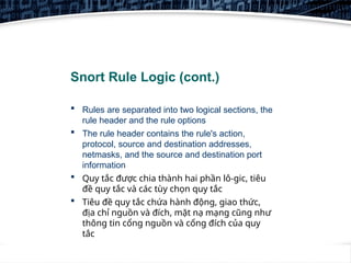 3
Snort Rule Logic (cont.)
 Rules are separated into two logical sections, the
rule header and the rule options
 The rule header contains the rule's action,
protocol, source and destination addresses,
netmasks, and the source and destination port
information
 Quy tắc được chia thành hai phần lô-gic, tiêu
đề quy tắc và các tùy chọn quy tắc
 Tiêu đề quy tắc chứa hành động, giao thức,
địa chỉ nguồn và đích, mặt nạ mạng cũng như
thông tin cổng nguồn và cổng đích của quy
tắc
 