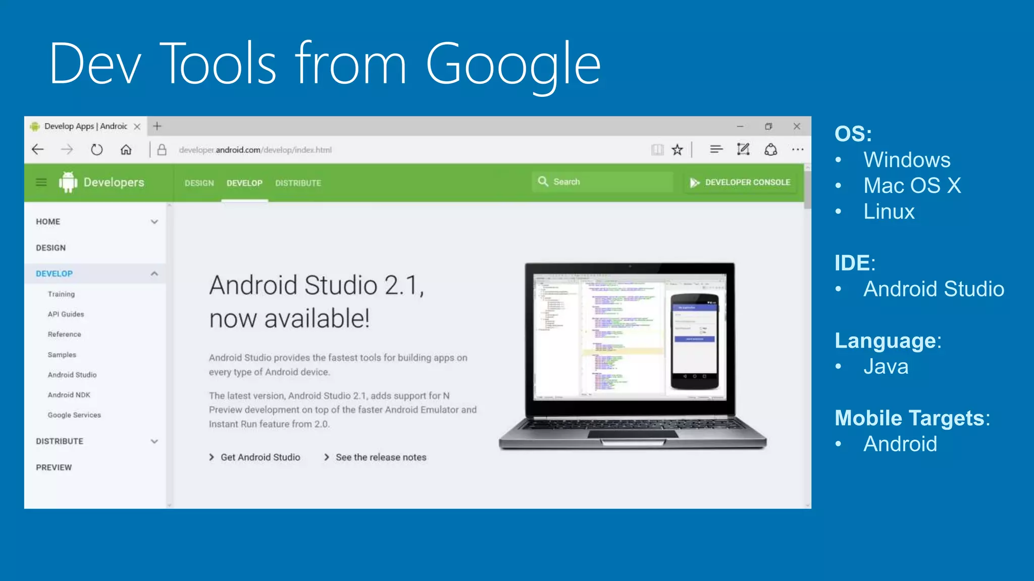 Dev Tools from Google
OS:
• Windows
• Mac OS X
• Linux
IDE:
• Android Studio
Language:
• Java
Mobile Targets:
• Android
 
