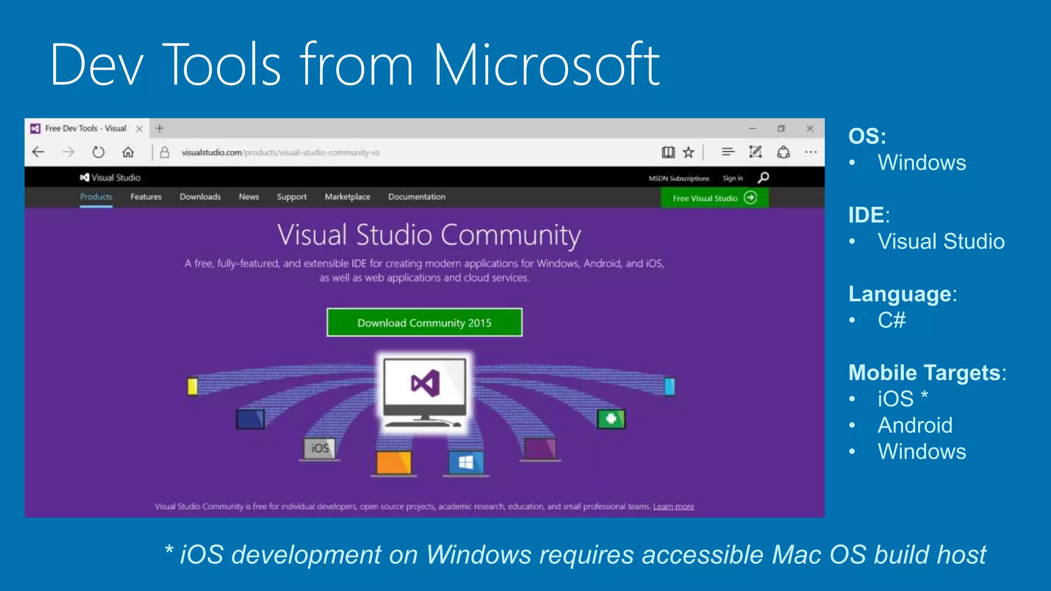 Dev Tools from Microsoft
OS:
• Windows
IDE:
• Visual Studio
Language:
• C#
Mobile Targets:
• iOS *
• Android
• Windows
* iOS development on Windows requires accessible Mac OS build host
 
