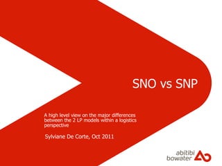 SNO vs SNP A high level view on the major differences between the 2 LP models within a logistics perspective Sylviane De Corte, Oct 2011 
