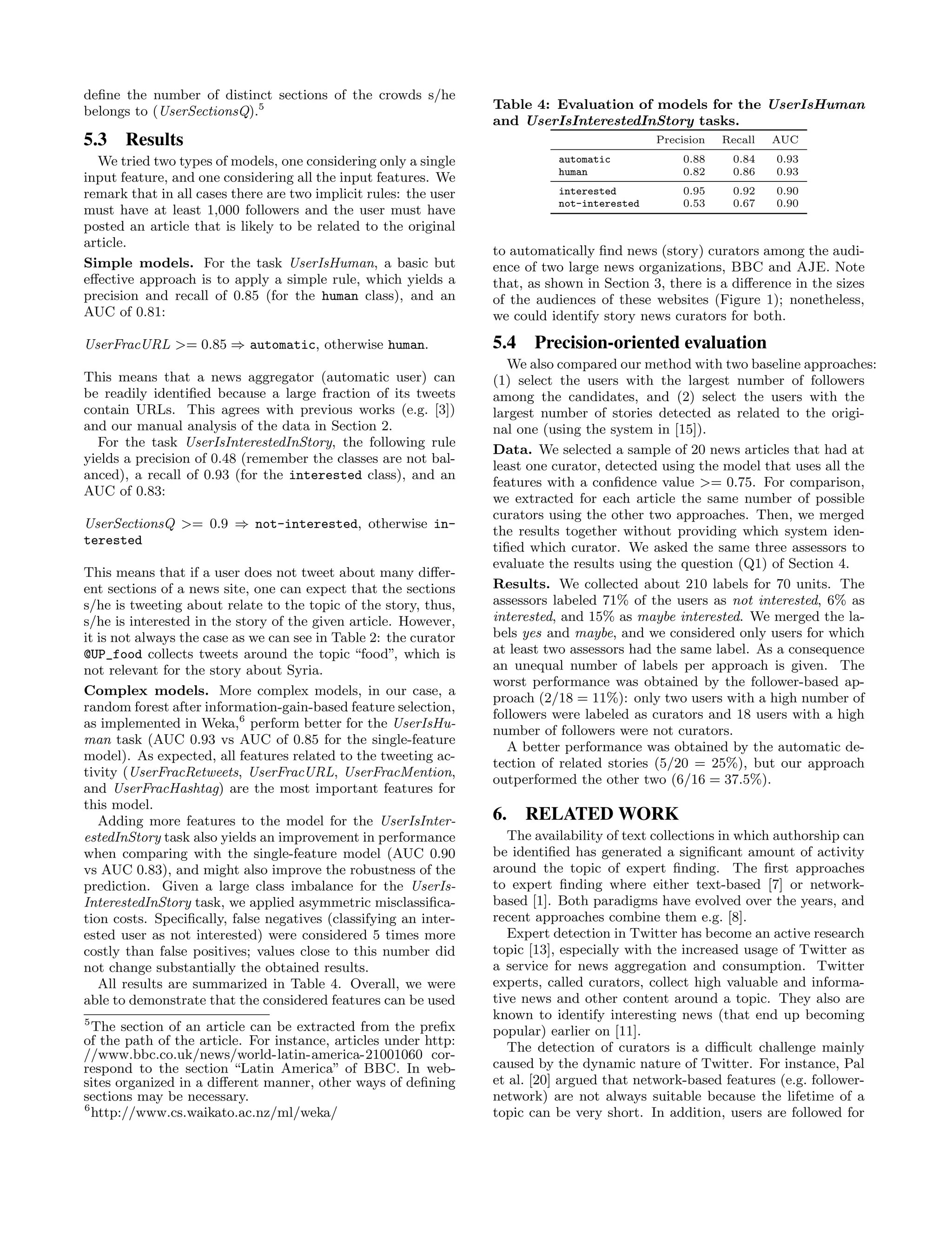deﬁne the number of distinct sections of the crowds s/he
belongs to (UserSectionsQ).5                                      Table 4: Evaluation of models for the UserIsHuman
                                                                  and UserIsInterestedInStory tasks.
5.3    Results                                                                                Precision   Recall   AUC

  We tried two types of models, one considering only a single                automatic            0.88      0.84   0.93
                                                                             human                0.82      0.86   0.93
input feature, and one considering all the input features. We
remark that in all cases there are two implicit rules: the user              interested           0.95      0.92   0.90
                                                                             not-interested       0.53      0.67   0.90
must have at least 1,000 followers and the user must have
posted an article that is likely to be related to the original
article.
                                                                  to automatically ﬁnd news (story) curators among the audi-
Simple models. For the task UserIsHuman, a basic but              ence of two large news organizations, BBC and AJE. Note
eﬀective approach is to apply a simple rule, which yields a       that, as shown in Section 3, there is a diﬀerence in the sizes
precision and recall of 0.85 (for the human class), and an        of the audiences of these websites (Figure 1); nonetheless,
AUC of 0.81:                                                      we could identify story news curators for both.

UserFracURL >= 0.85 ⇒ automatic, otherwise human.                 5.4 Precision-oriented evaluation
                                                                     We also compared our method with two baseline approaches:
This means that a news aggregator (automatic user) can            (1) select the users with the largest number of followers
be readily identiﬁed because a large fraction of its tweets       among the candidates, and (2) select the users with the
contain URLs. This agrees with previous works (e.g. [3])          largest number of stories detected as related to the origi-
and our manual analysis of the data in Section 2.                 nal one (using the system in [15]).
  For the task UserIsInterestedInStory, the following rule
                                                                  Data. We selected a sample of 20 news articles that had at
yields a precision of 0.48 (remember the classes are not bal-
                                                                  least one curator, detected using the model that uses all the
anced), a recall of 0.93 (for the interested class), and an
                                                                  features with a conﬁdence value >= 0.75. For comparison,
AUC of 0.83:
                                                                  we extracted for each article the same number of possible
                                                                  curators using the other two approaches. Then, we merged
UserSectionsQ >= 0.9 ⇒ not-interested, otherwise in-
                                                                  the results together without providing which system iden-
terested
                                                                  tiﬁed which curator. We asked the same three assessors to
                                                                  evaluate the results using the question (Q1) of Section 4.
This means that if a user does not tweet about many diﬀer-
ent sections of a news site, one can expect that the sections     Results. We collected about 210 labels for 70 units. The
s/he is tweeting about relate to the topic of the story, thus,    assessors labeled 71% of the users as not interested, 6% as
s/he is interested in the story of the given article. However,    interested, and 15% as maybe interested. We merged the la-
it is not always the case as we can see in Table 2: the curator   bels yes and maybe, and we considered only users for which
@UP_food collects tweets around the topic “food”, which is        at least two assessors had the same label. As a consequence
not relevant for the story about Syria.                           an unequal number of labels per approach is given. The
                                                                  worst performance was obtained by the follower-based ap-
Complex models. More complex models, in our case, a
                                                                  proach (2/18 = 11%): only two users with a high number of
random forest after information-gain-based feature selection,
                                                                  followers were labeled as curators and 18 users with a high
as implemented in Weka,6 perform better for the UserIsHu-
                                                                  number of followers were not curators.
man task (AUC 0.93 vs AUC of 0.85 for the single-feature
                                                                     A better performance was obtained by the automatic de-
model). As expected, all features related to the tweeting ac-
                                                                  tection of related stories (5/20 = 25%), but our approach
tivity (UserFracRetweets, UserFracURL, UserFracMention,
                                                                  outperformed the other two (6/16 = 37.5%).
and UserFracHashtag) are the most important features for
this model.
   Adding more features to the model for the UserIsInter-         6. RELATED WORK
estedInStory task also yields an improvement in performance          The availability of text collections in which authorship can
when comparing with the single-feature model (AUC 0.90            be identiﬁed has generated a signiﬁcant amount of activity
vs AUC 0.83), and might also improve the robustness of the        around the topic of expert ﬁnding. The ﬁrst approaches
prediction. Given a large class imbalance for the UserIs-         to expert ﬁnding where either text-based [7] or network-
InterestedInStory task, we applied asymmetric misclassiﬁca-       based [1]. Both paradigms have evolved over the years, and
tion costs. Speciﬁcally, false negatives (classifying an inter-   recent approaches combine them e.g. [8].
ested user as not interested) were considered 5 times more           Expert detection in Twitter has become an active research
costly than false positives; values close to this number did      topic [13], especially with the increased usage of Twitter as
not change substantially the obtained results.                    a service for news aggregation and consumption. Twitter
   All results are summarized in Table 4. Overall, we were        experts, called curators, collect high valuable and informa-
able to demonstrate that the considered features can be used      tive news and other content around a topic. They also are
5
                                                                  known to identify interesting news (that end up becoming
  The section of an article can be extracted from the preﬁx       popular) earlier on [11].
of the path of the article. For instance, articles under http:       The detection of curators is a diﬃcult challenge mainly
//www.bbc.co.uk/news/world-latin-america-21001060 cor-
respond to the section “Latin America” of BBC. In web-            caused by the dynamic nature of Twitter. For instance, Pal
sites organized in a diﬀerent manner, other ways of deﬁning       et al. [20] argued that network-based features (e.g. follower-
sections may be necessary.                                        network) are not always suitable because the lifetime of a
6
  http://www.cs.waikato.ac.nz/ml/weka/                            topic can be very short. In addition, users are followed for
 