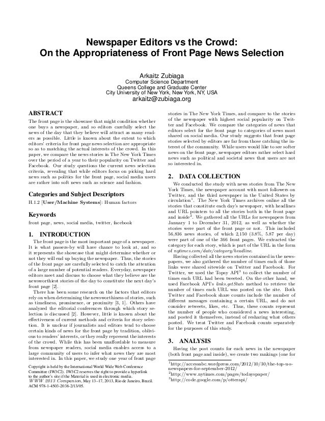 Newspaper Editors vs the Crowd On the Appropriateness of Front Page