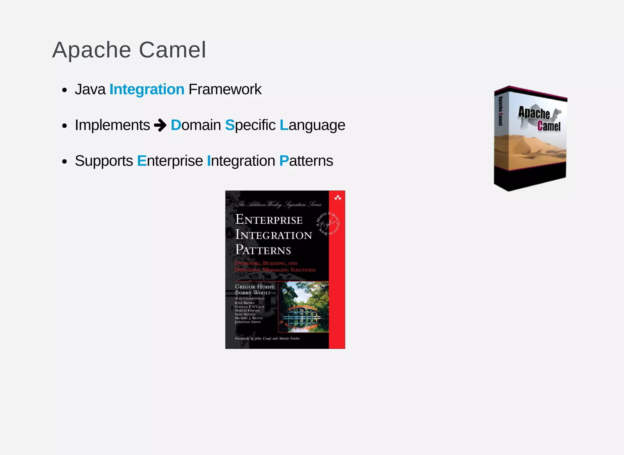 Apache Camel
Java Integration Framework
Implements Domain Specific Language
Supports Enterprise Integration Patterns

 