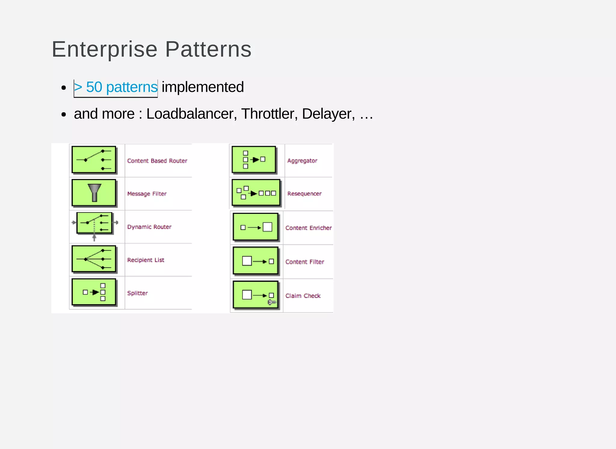 Enterprise Patterns
implemented
and more : Loadbalancer, Throttler, Delayer, …
> 50 patterns
 