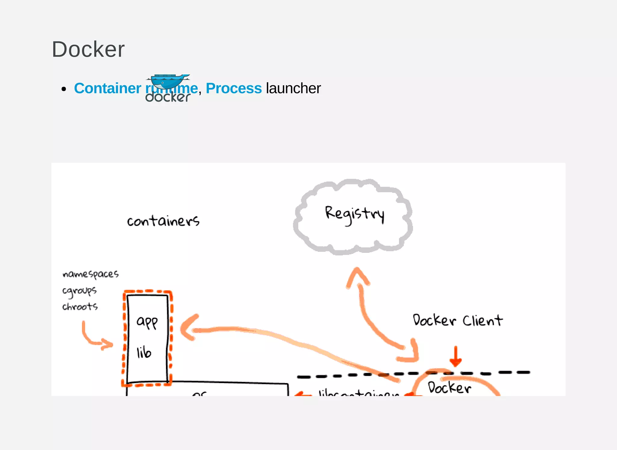 Docker
Container runtime, Process launcher
 