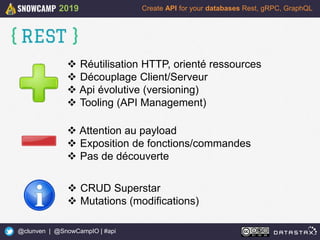 26
Create API for your databases Rest, gRPC, GraphQL
@clunven | @SnowCampIO | #api
2019
 Réutilisation HTTP, orienté ressources
 Découplage Client/Serveur
 Api évolutive (versioning)
 Tooling (API Management)
 Attention au payload
 Exposition de fonctions/commandes
 Pas de découverte
 CRUD Superstar
 Mutations (modifications)
 