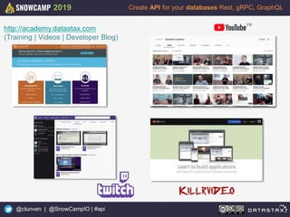 3
Create API for your databases Rest, gRPC, GraphQL
@clunven | @SnowCampIO | #api
2019
http://academy.datastax.com
(Training | Videos | Developer Blog)
 