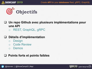 4
Create API for your databases Rest, gRPC, GraphQL
@clunven | @SnowCampIO | #api
2019
Objectifs
 Un repo Github avec plusieurs implémentations pour
une API
o REST, GraphQL, gRPC
 Détails d’implémentation
o Design
o Code Review
o Demos
 Points forts et points faibles
 
