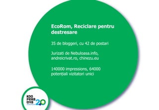 EcoRom, Reciclare pentru
destresare
35 de bloggeri, cu 42 de postari
Jurizati de Nebuloasa.info,
andreicrivat.ro, chinezu.eu
140000 impressions, 64000
potențiali vizitatori unici

KONSTRUIM
KONSTRUIM

 