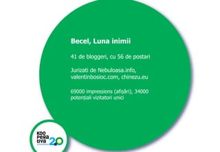 Becel, Luna inimii
41 de bloggeri, cu 56 de postari
Jurizati de Nebuloasa.info,
valentinbosioc.com, chinezu.eu
69000 impressions (afișări), 34000
potențiali vizitatori unici

KONSTRUIM
KONSTRUIM

 