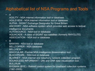 Alphabetical list of NSA Programs and Tools
• A
AGILITY - NSA internet information tool or database
AGILEVIEW - NSA internet information tool or database
ALPHA - SIGINT Exchange Designator for Great Britain
ANCHORY - NSA software system which provides web access to textual
intelligence documents
AUTOSOURCE - NSA tool or database
AQUACADE - A class of SIGINT spy satellites (formerly RHYOLITE)
ASSOCIATION - NSA tool or database
• B
BANYAN - NSA tool or database
BELLTOPPER - NSA database
BELLVIEW -
BINOCULAR - Former NSA intelligence dissemination tool
BLACKPEARL - NSA tool or database
BLARNEY - NSA internet and telephony network collection program
BOUNDLESS INFORMANT - DNI and DNR data visualization tool.
BULLRUN
BYEMAN (BYE) - Retired control system for overhead collection systems
(1961-2005)
 