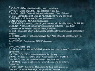 • C
CADENCE - NSA collection tasking tool or database
CANYON - Class of COMINT spy satellites (1968-1977)
CANNON LIGHT - Counterintelligence database of the US Army
CHESS- Compartment of TALENT KEYHOLE for the U-2 spy plane
CONFIRM - NSA database for personell access
CONTRAOCTAVE - NSA tool or database
CONVEYANCE - A voice content ingest processor? / Provide filtering for PRISM.
CORONA - A series of photographic surveillance satellites (1959-1972)
COURIERSKILL - NSA Collection mission system
CREST - Database which automatically translates foreign language intercepts in
English
CRYPTO ENABLED - collection derived from AO's efforts to enable crypto (cf.
lemonde.fr)
CULTWEAVE - Smaller size SIGINT database *
• D
DANCINGOASIS - (?)
DELTA - Compartment for COMINT material from intercepts of Soviet military
operations
DIKTER - SIGINT Exchange Designator for Norway
DINAR - Predecessor of the UMBRA compartment for COMINT
DISHFIRE - NSA internet information tool or database
DROPMIRE - passive collection of emanations using an antenna
DRTBOX -
DRUID - SIGINT Exchange Designator for third party countries
DYNAMO - SIGINT Exchange Designator for Denmark
 