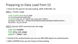 Preparing to Data Load from S3
• Check the file type for the data loading. JSON, AVRO,ORC etc.
STEP 1 : Create a stage
STEP 2: Execute COPY command over the stage
• Instead of the authentication you can use AWS ARN objects to authentication.
• LOAD_HISTORY Gives you the history of data loading.
create or replace stage my_s3_stage
url='s3://mybucket/encrypted_files/’
credentials=(aws_key_id='1a2b3c' aws_secret_key='4x5y6z’)
encryption=(master_key = 'eSxX0jzYfIamtnBKOEOwq80Au6NbSgPH5r4BDDwOaO8=‘)
file_format = my_csv_format;
copy into mytable
from @my_ext_stage
pattern='.*sales.*.csv';
 