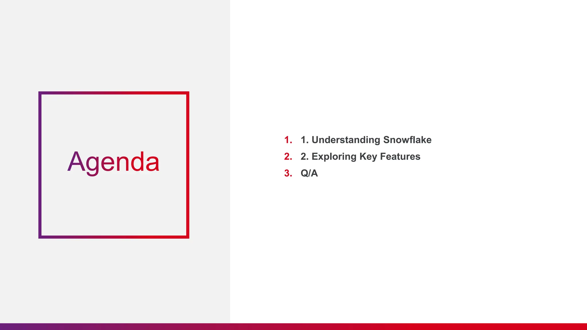 1. 1. Understanding Snowflake
2. 2. Exploring Key Features
3. Q/A
 