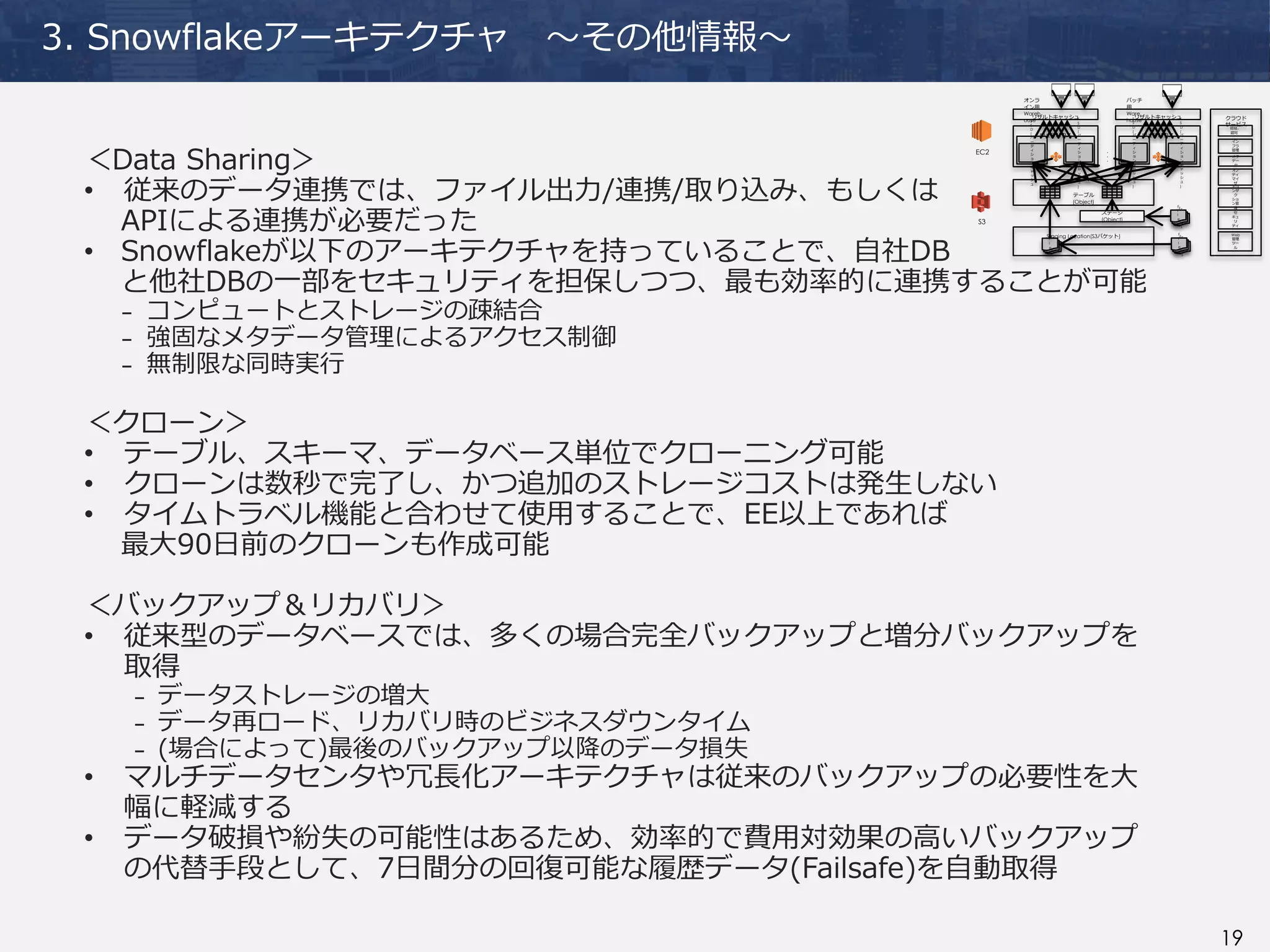 19
3. Snowflakeアーキテクチャ ～その他情報～
＜Data Sharing＞
• 従来のデータ連携では、ファイル出力/連携/取り込み、もしくは
APIによる連携が必要だった
• Snowflakeが以下のアーキテクチャを持っていることで、自社DB
と他社DBの一部をセキュリティを担保しつつ、最も効率的に連携することが可能
₋ コンピュートとストレージの疎結合
₋ 強固なメタデータ管理によるアクセス制御
₋ 無制限な同時実行
＜クローン＞
• テーブル、スキーマ、データベース単位でクローニング可能
• クローンは数秒で完了し、かつ追加のストレージコストは発生しない
• タイムトラベル機能と合わせて使用することで、EE以上であれば
最大90日前のクローンも作成可能
＜バックアップ＆リカバリ＞
• 従来型のデータベースでは、多くの場合完全バックアップと増分バックアップを
取得
₋ データストレージの増大
₋ データ再ロード、リカバリ時のビジネスダウンタイム
₋ (場合によって)最後のバックアップ以降のデータ損失
• マルチデータセンタや冗長化アーキテクチャは従来のバックアップの必要性を大
幅に軽減する
• データ破損や紛失の可能性はあるため、効率的で費用対効果の高いバックアップ
の代替手段として、7日間分の回復可能な履歴データ(Failsafe)を自動取得
Staging Location(S3バケット) F
i
l
e
s
F
i
l
e
s
F
i
l
e
s
F
i
l
e
s
F
i
l
e
s
F
i
l
e
s
F
i
l
e
s
F
i
l
e
s
F
i
l
e
s
テーブル
(Object)
S3
EC2
ウェアハウス
S
S
D
(
パ
ー
テ
ィ
シ
ョ
ン
キ
ャ
ッ
シ
ュ
・
・
・
S
S
D
(
パ
ー
テ
ィ
シ
ョ
ン
キ
ャ
ッ
シ
ュ
)
ウェアハウス
S
S
D
(
パ
ー
テ
ィ
シ
ョ
ン
キ
ャ
ッ
シ
ュ
)
・
・
・
S
S
D
(
パ
ー
テ
ィ
シ
ョ
ン
キ
ャ
ッ
シ
ュ
)
・
・
・
リザルトキャッシュ
オンラ
イン用
Wareh
ouse
バッチ
用
Ware
house
リザルトキャッシュ クラウド
サービス
認証、
認可
イン
フラ
管理
Web
管理
ツー
ル
オプ
ティ
マイ
ザ
トラ
ンザ
ク
ショ
ン管
理
セ
キュ
リ
ティ
ステージ
(Object)
メタ
デー
タ
 