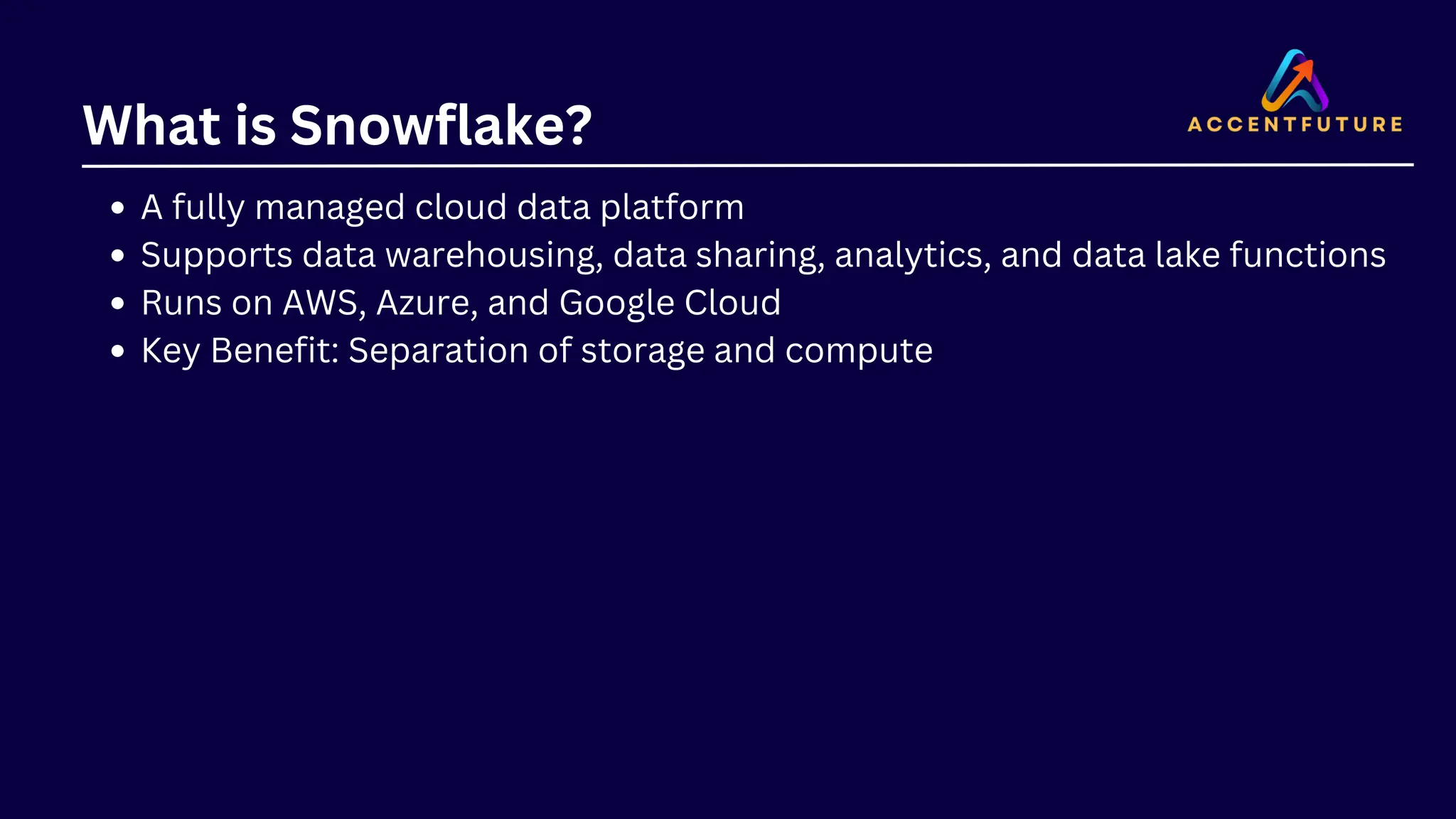 What is Snowflake?
A fully managed cloud data platform
Supports data warehousing, data sharing, analytics, and data lake functions
Runs on AWS, Azure, and Google Cloud
Key Benefit: Separation of storage and compute
 