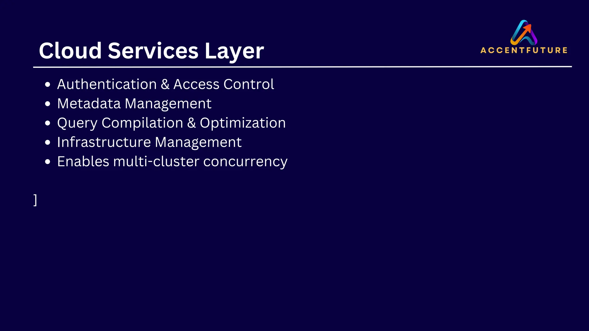 Cloud Services Layer
Authentication & Access Control
Metadata Management
Query Compilation & Optimization
Infrastructure Management
Enables multi-cluster concurrency
]
 