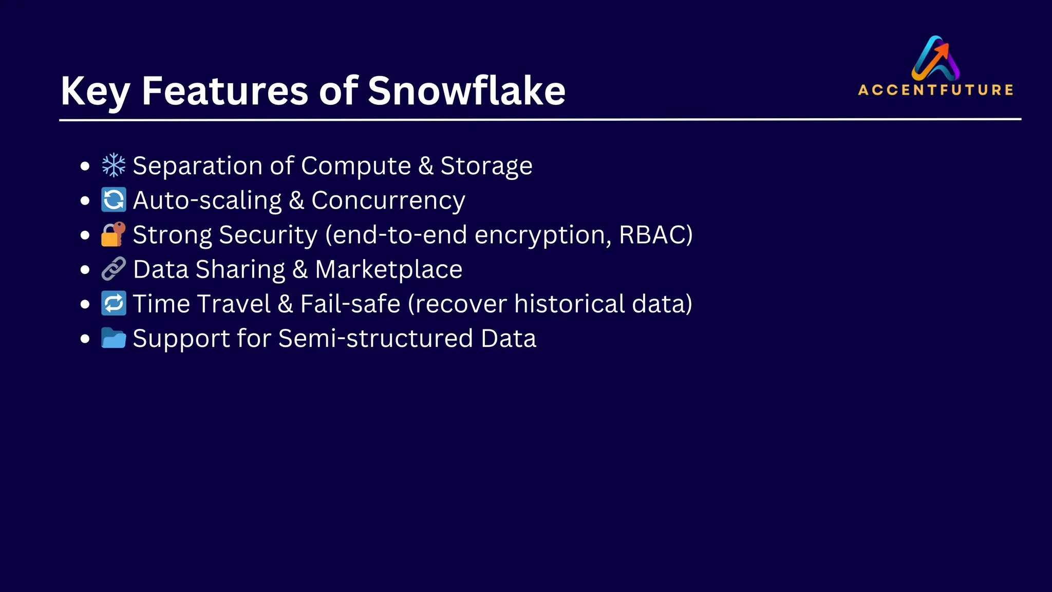 Key Features of Snowflake
❄️Separation of Compute & Storage
🔄Auto-scaling & Concurrency
🔐Strong Security (end-to-end encryption, RBAC)
🔗Data Sharing & Marketplace
🔁Time Travel & Fail-safe (recover historical data)
📂Support for Semi-structured Data
 