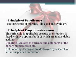 • Principle of Beneficence
First principle of morality -„do good and avoid evil‟
• Principle of Propotionate reason
This principle is applicable because the situation is
faced with two options both of which are unavoidable
actions-
Donating- Violates the privacy and autonomy of the
donors but preserves life.
Not donating- Embryos are destroyed by research or
left in suspended animation.
 