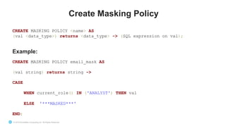 © 2019 Snowflake Computing Inc. All Rights Reserved
CREATE MASKING POLICY <name> AS
(val <data_type>) returns <data_type> -> (SQL expression on val);
Example:
CREATE MASKING POLICY email_mask AS
(val string) returns string ->
CASE
WHEN current_role() IN ('ANALYST') THEN val
ELSE '***MASKED***'
END;
Create Masking Policy
 