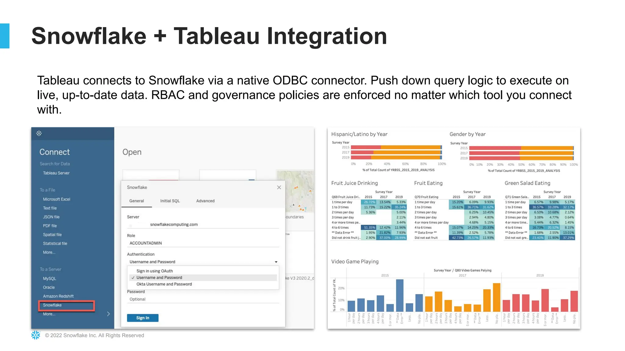 © 2022 Snowflake Inc. All Rights Reserved
Snowflake + Tableau Integration
Tableau connects to Snowflake via a native ODBC connector. Push down query logic to execute on
live, up-to-date data. RBAC and governance policies are enforced no matter which tool you connect
with.
 