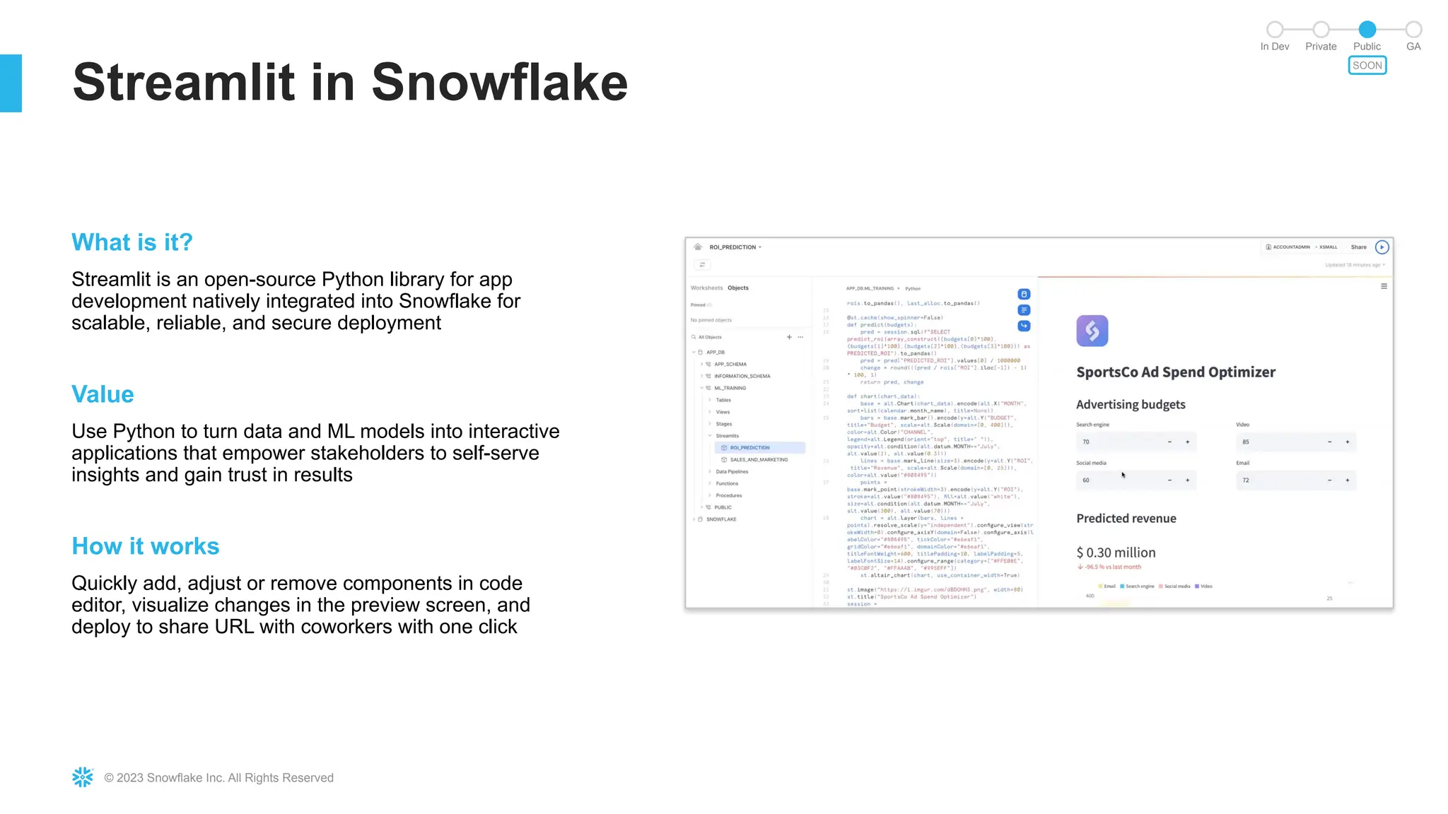 © 2023 Snowflake Inc. All Rights Reserved
Streamlit in Snowflake
In Dev Private Public GA
SOON
What is it?
Streamlit is an open-source Python library for app
development natively integrated into Snowflake for
scalable, reliable, and secure deployment
Value
Use Python to turn data and ML models into interactive
applications that empower stakeholders to self-serve
insights and gain trust in results
How it works
Quickly add, adjust or remove components in code
editor, visualize changes in the preview screen, and
deploy to share URL with coworkers with one click
 