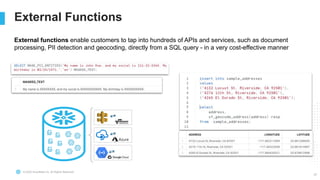© 2022 Snowflake Inc. All Rights Reserved
.
External Functions
25
External functions enable customers to tap into hundreds of APIs and services, such as document
processing, PII detection and geocoding, directly from a SQL query - in a very cost-effective manner
 